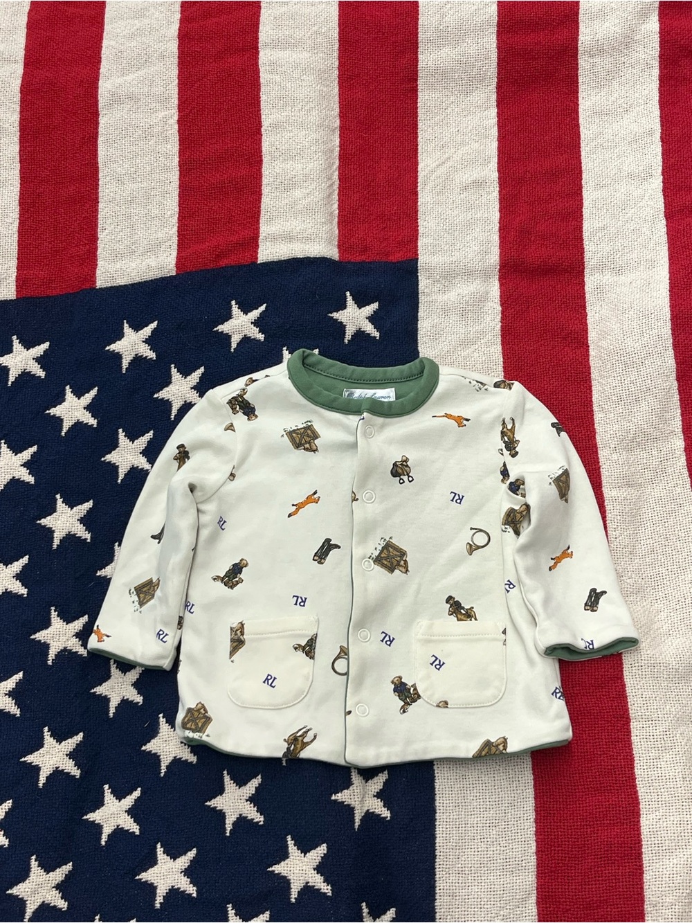 Ralph Lauren Cream Jacket with Green Trim and Playful Prints Size 6 Months